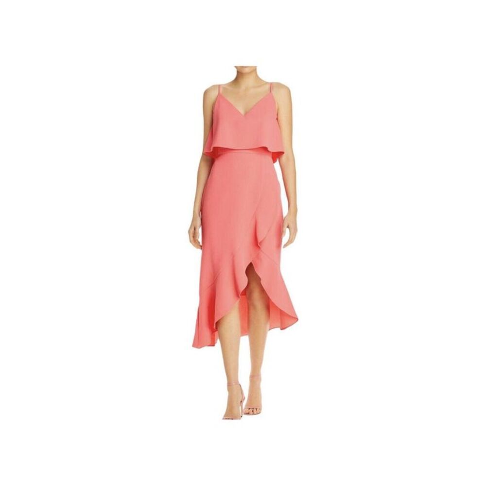 AQUA FORMAL Womens Coral Popover Spaghetti Strap Midi Evening Hi-Lo Dress 0